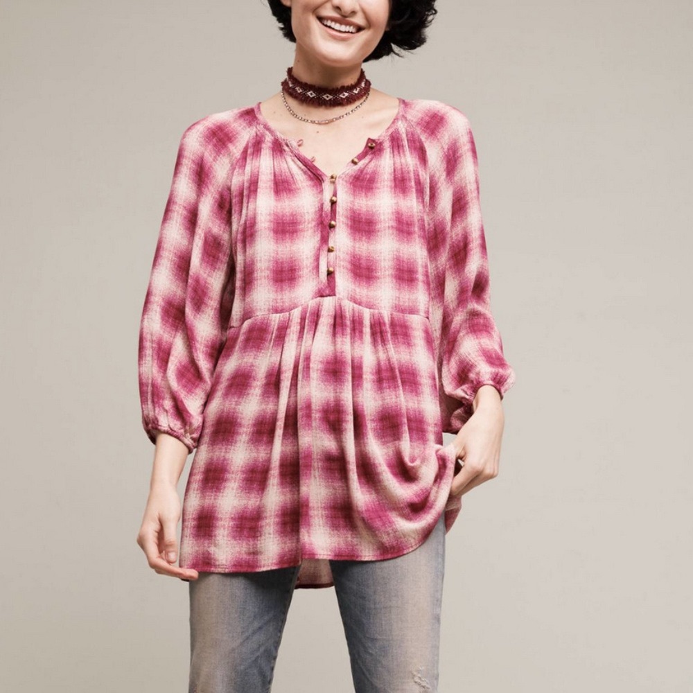 Maeve Plaid Peplum Blouse Size Small Bohemian Boho